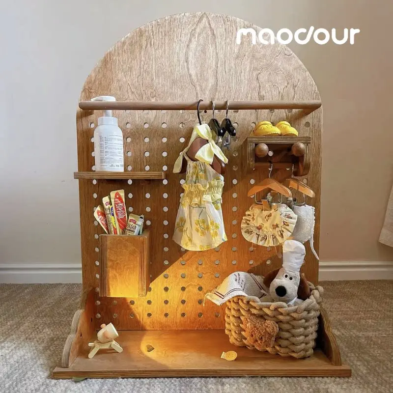 small space pet storage - Arched Wooden Pet Pegboard Organizer